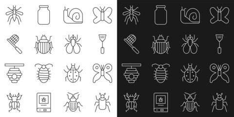 Set line Beetle bug, Butterfly, Fly swatter, Snail, Colorado beetle, net, Mosquito and Insect icon. Vector