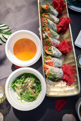 Picnic in nature, A lot of food at the picnic seen from above. 