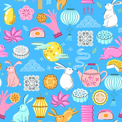 Mid autumn festival seamless pattern. Mooncake, rabbit, lantern background