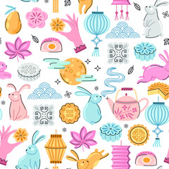 Mid autumn festival seamless pattern. Mooncake, rabbit, lantern background