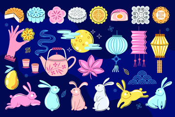 Mid autumn festival element collection. Mooncake, rabbit, lantern