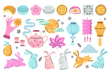 Mid autumn festival element collection. Mooncake, rabbit, lantern