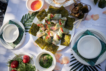 Picnic in nature, A lot of food at the picnic seen from above. 