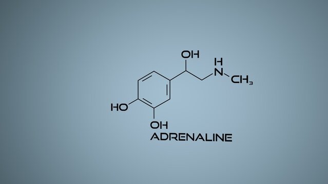 Adrenaline formula structure isolated on background. 3d render. Neuritransmitter of pleasure.