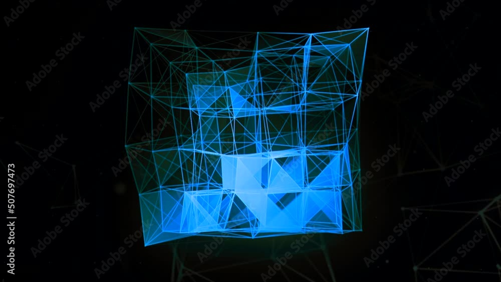 Poster abstract neon plexus transforming cube on a black background, seamless loop. motion. 3d moving cubic