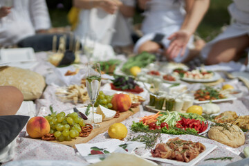 Picnic in nature, A lot of food at the picnic seen from above. 