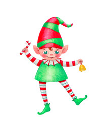 Merry Christmas elf with a bell.New Year cartoon character. Watercolor illustration isolated on a white background.