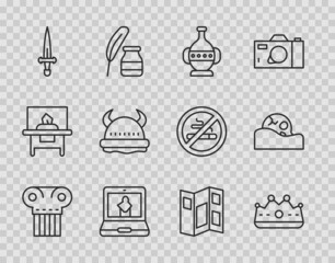 Set line Ancient column, King crown, amphorae, Online museum, Dagger, Viking horned helmet, Museum guide brochure and Human skull icon. Vector