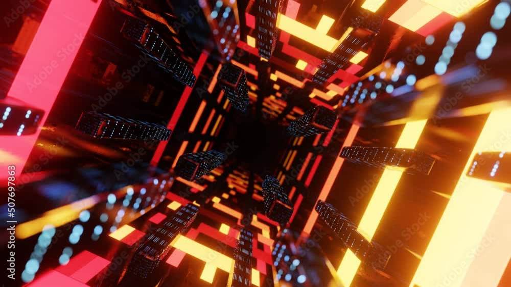 Poster fly through mirror designs form tunnel technology cyberspace with neon glow. sci-fi flight through d