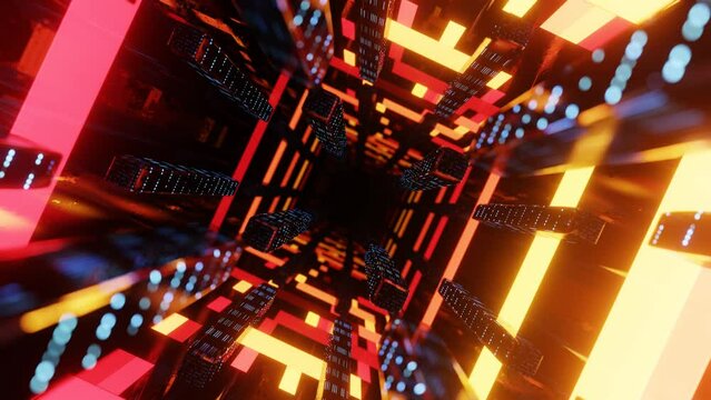 Fly through mirror designs form tunnel technology cyberspace with neon glow. Sci-fi flight through design complexity. Neon light. 3d looped seamless 4k bright background.