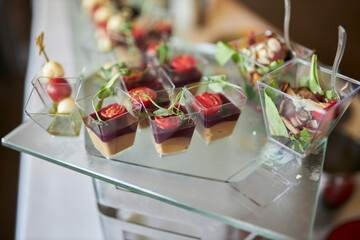catering. Dessert portioned in small containers.