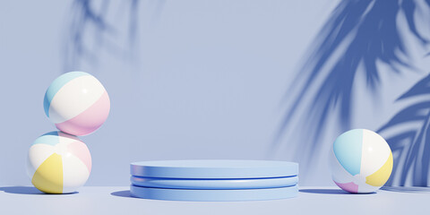 Blue podium or pedestal for products or advertising on tropical background with beach balls, 3d render