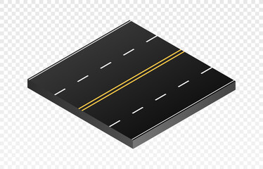 Isometric part road. Wide asphalt highway, place for fast driving to city. Constructor element for creating realistic traffic, transport and travel. Way and path. Isometric vector illustration