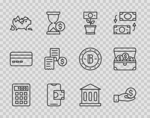 Set line Calculator, Hand giving money, Money plant the pot, Mobile banking, Broken piggy, Paper financial check, Bank building and Treasure chest icon. Vector