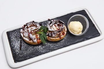 chocolate dessert on white background