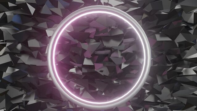 Magical glowing circular frame changes colors on a background composed of black crystals. Interesting animated background for custom text, inscription, intro title