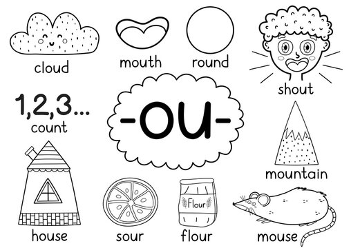 Ou digraph spelling rule black and white activity page for kids with words. Poster to learn -ou- phonics sound for school and preschool. Vector illustration