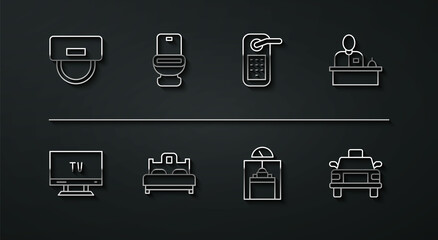 Set line Bellboy hat, Smart Tv, Hotel reception desk, Lift, Bedroom, Toilet bowl, Taxi car and Digital door lock icon. Vector