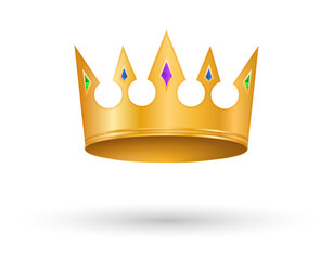 Gold crown icon. Stickers for social networks. Golden headdress with purple and green crystals. Medieval decorations of king. Jewels and treasures, wealth and luxury. Cartoon flat vector illustration