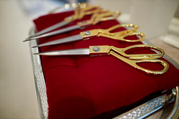 Beautiful scissors on a tray for ribbon-cutting ceremonies. 