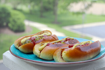 Hot dog with ketchup and yellow mustard on the plate. Food background.