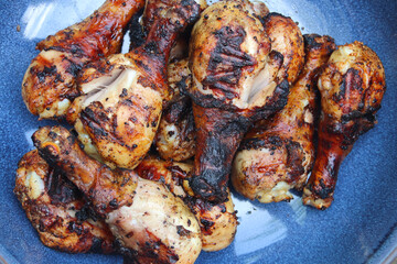 Grilled chicken drums. BBQ background. Summer barbeque. 