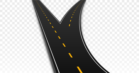 Fototapeta premium Winding and fork highway. Path with fork, asphalt strip. Change of direction and choice. Element of constructor for creating traffic. Cars and other vehicles. Realistic isometric vector illustration