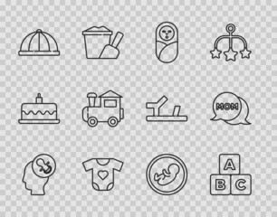 Set line Baby dummy pacifier, ABC blocks, Newborn baby infant swaddled, clothes, hat, Toy train, and Speech bubble mom icon. Vector