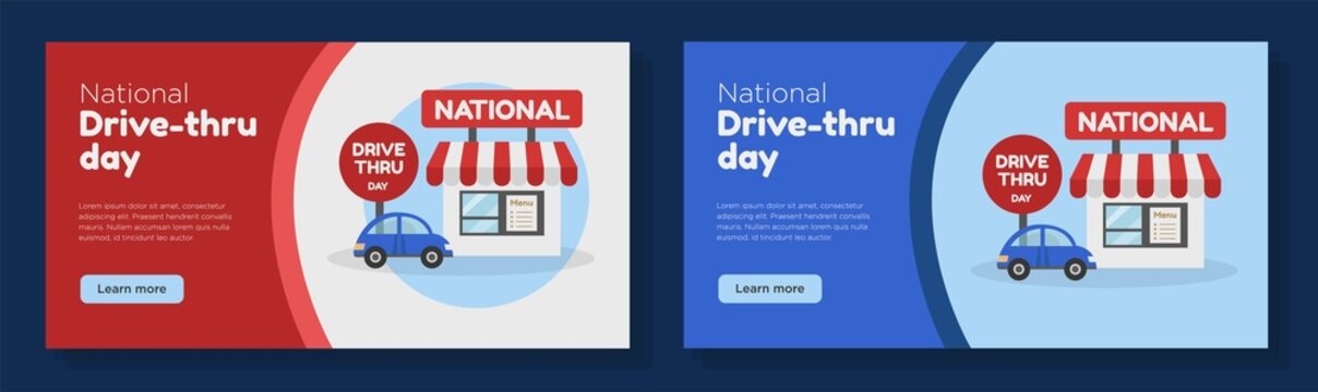 National drive thru day online banner template set, restaurant food pickup point advertisement, horizontal ad, Drive-Thru day, 24 July 2022 webpage, pick-up service creative brochure, isolated