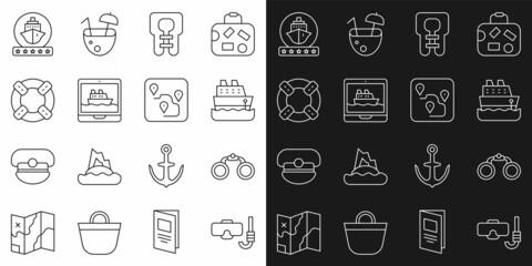 Set line Diving mask and snorkel, Binoculars, Cruise ship, Life jacket, Lifebuoy, and Route location icon. Vector