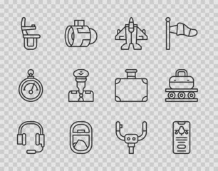 Set line Headphones with microphone, Mobile ticket, Jet fighter, Airplane window, seat, Pilot, Aircraft steering helm and Conveyor belt suitcase icon. Vector