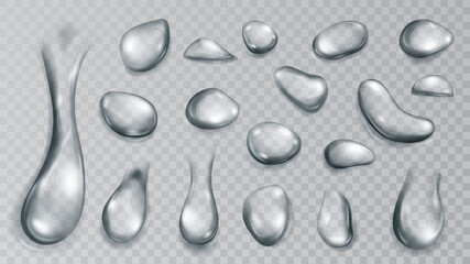 Set of realistic translucent water drops in gray colors in various shape and size, isolated on transparent background. Transparency only in vector format