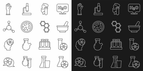 Set line Test tube radiation, Mortar and pestle, Chemical explosion, Petri dish with bacteria, Molecule, Medical rubber gloves and formula icon. Vector