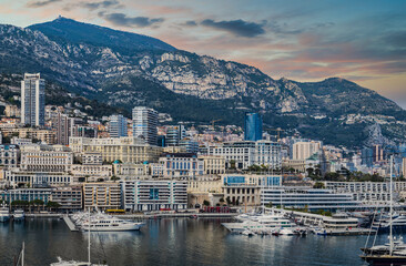 Monaco City beachfront during sunset