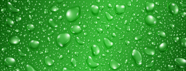 Background of big and small realistic water drops in green colors