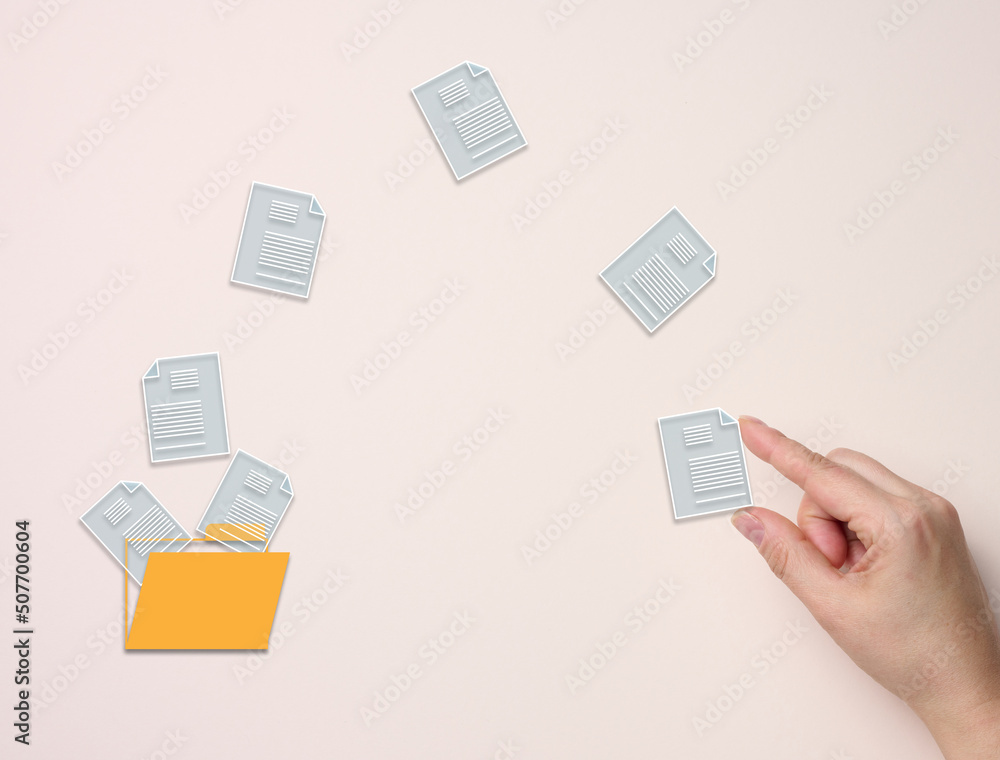 Poster concept of document flow in the company, transition to paperless technology. electronic document man