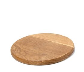 empty round wooden kitchen cutting board, pizza stand. White background