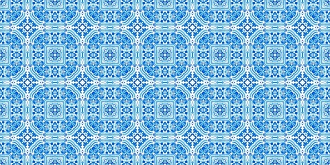 Blue white watercolor azulejo tile border background. Seamless coastal geometrical floral mosaic effect banner. Ornamental arabesque summer fashion repeat edge trim.