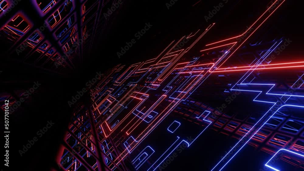 Poster hi-tech neon sci-fi tunel. trendy neon glow lines form pattern and construction in mirror tunnel. fl