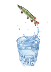 brochet, poisson, évasion, saut, eau, en verre, boire, clapoter, liquide, isolé, froid, blanc, danger, boisson, glace, bouillonner, bleu, éclaboussure, frais, clair, abattre, verser, sain, transparent