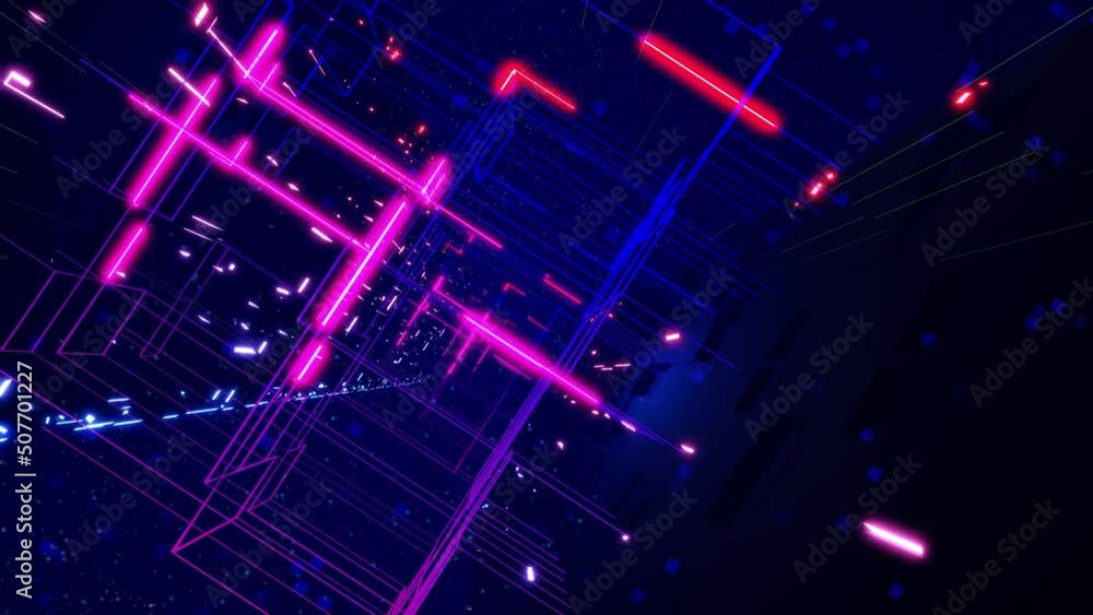 Poster information technology concept. blue dark sci fi bg fly through tech digital space like in tunnel ne