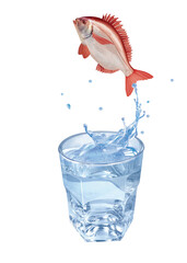 dorade rouge, poisson, évasion, saut, eau, en verre, boire, clapoter, liquide, isolé, froid, blanc, danger, boisson, glace, bouillonner, bleu, éclaboussure, frais, clair, abattre, verser, sain, transp