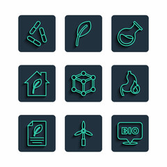 Set line Eco paper with leaf, Wind turbine, Bio healthy food, Test tube and flask, Molecule, friendly house, Virus and Stomach heartburn icon. Vector