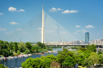 Obraz premium Belgrade, Serbia - May 13, 2022: The Ada Bridge is a cable-stayed bridge over the Sava river in Belgrade, Serbia.