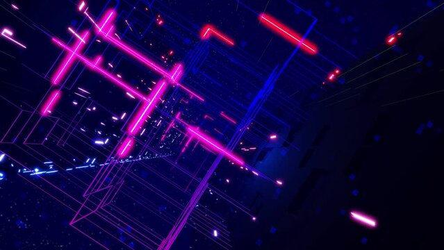 Information Technology concept. Blue dark sci fi bg fly through tech digital space like in tunnel neon light. Hi-tech information flow in blockchain or bigdata. 3d looped bg motion design. Space scene