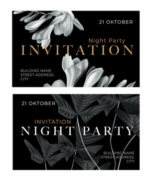 Invitation card in the botanical style. Monochrome plants on black background. Design template for the invitation, shop, beauty salon, spa. 
