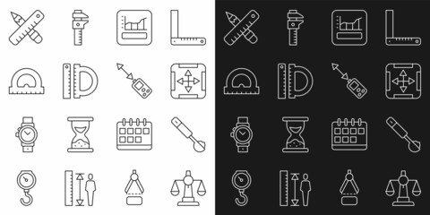 Set line Scales of justice, Measuring spoon, Area measurement, Graph, schedule, chart, diagram, Protractor and ruler, Crossed pencil and Laser distance measurer icon. Vector