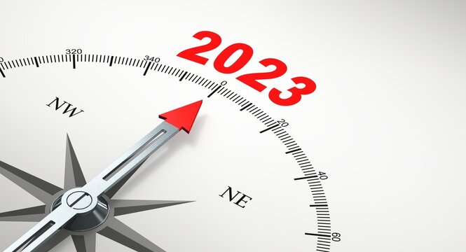 Compass needle points to 2023