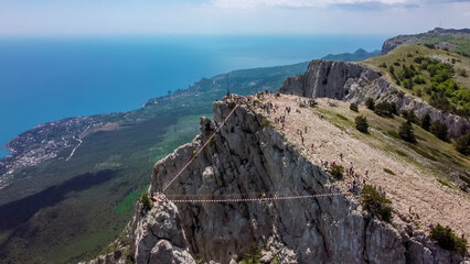  flight over suspension bridges at the peak of ai petri mountain in Crimea.