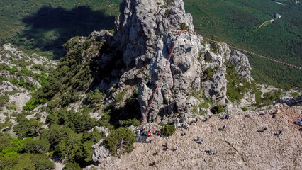  flight over suspension bridges at the peak of ai petri mountain in Crimea.